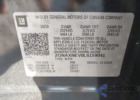 2020 Chevrolet Equinox Fwd Premier 1.5L Turbo из США, поврежденный, VIN 2GNAXNEV0L6159041